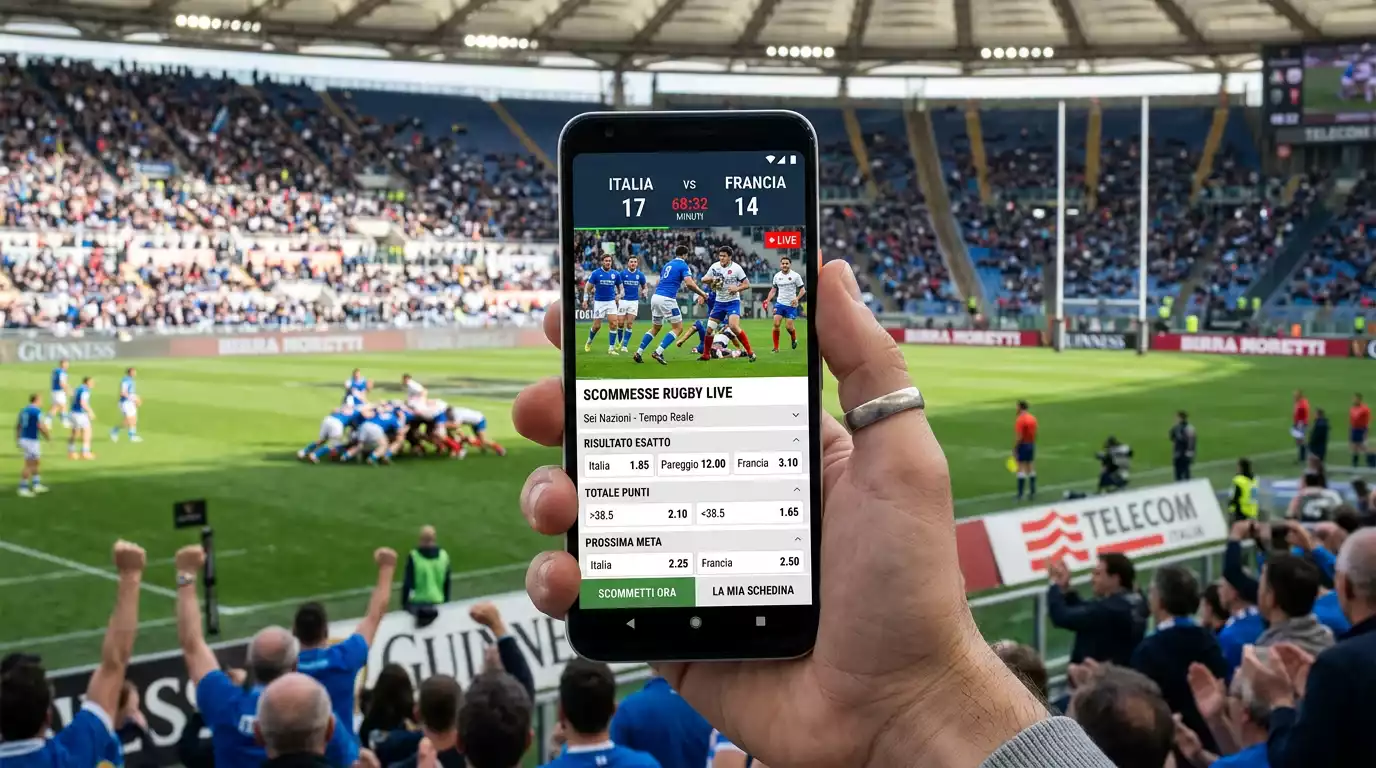Smartphone con app di scommesse rugby aperta durante una partita