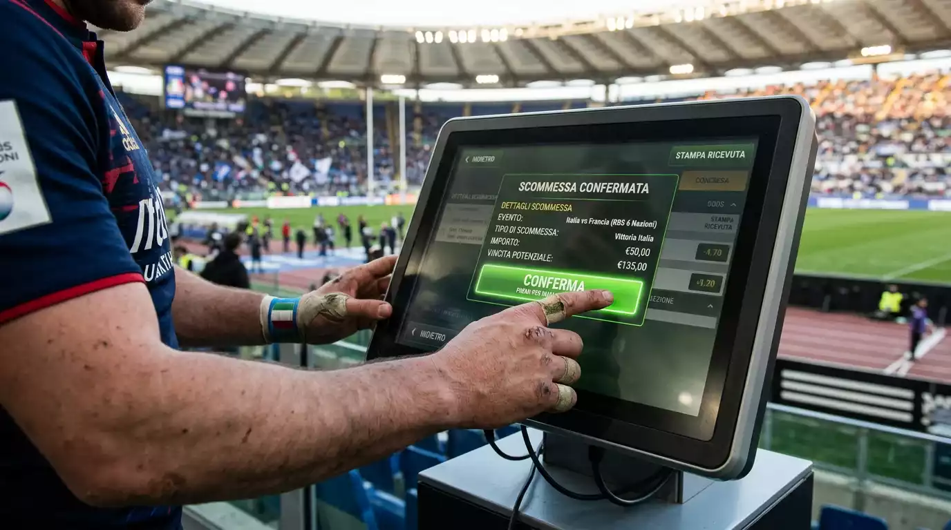 Giocatore di rugby in azione con grafico cashout delle scommesse in primo piano