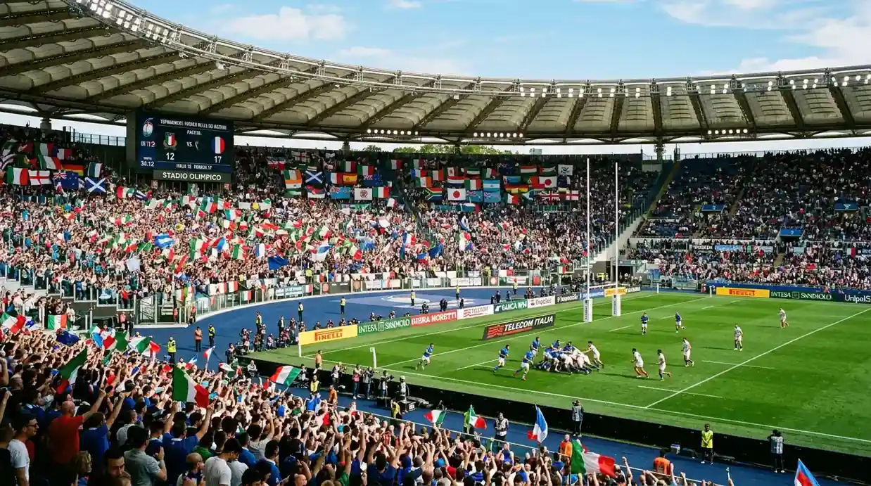 Stadio di rugby durante un torneo con bandiere delle nazionali e promozioni