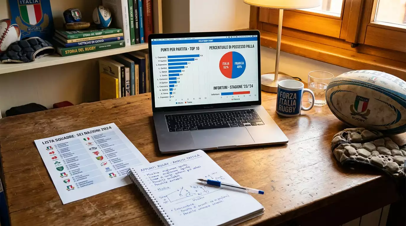 Analista che studia statistiche di rugby su monitor per pronostici scommesse