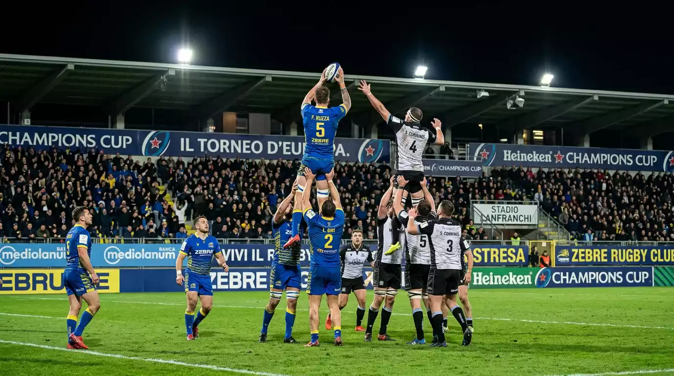 Stadio durante una partita di Champions Cup di rugby con squadre europee