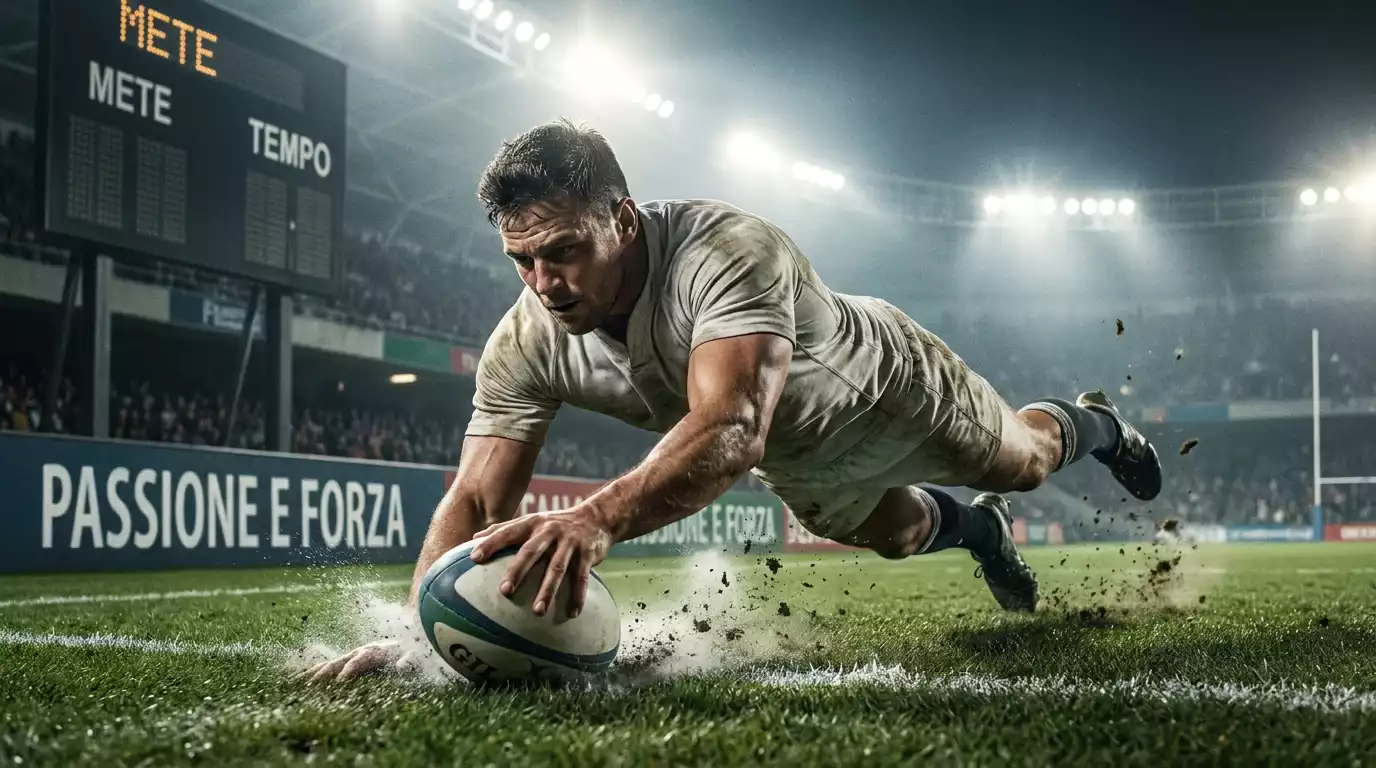 Giocatore di rugby che segna una meta schiacciando il pallone oltre la linea