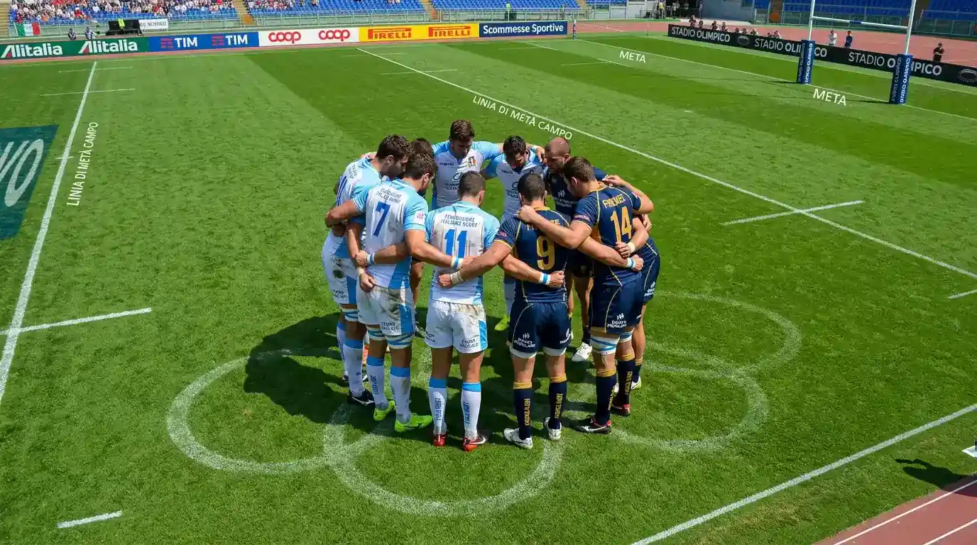 Partita di rugby a 7 con giocatori in azione su campo olimpico