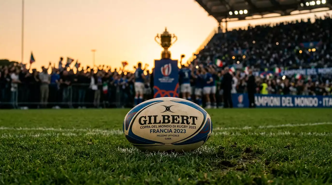 Pallone da rugby ovale su campo con linee bianche per scommesse sulla Coppa del Mondo 2027