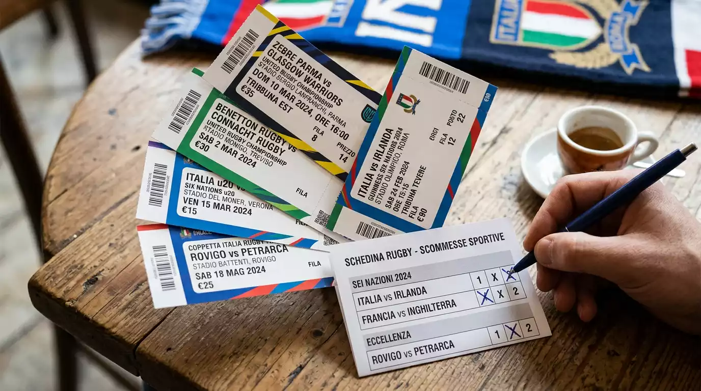 Schedina con selezioni multiple di scommesse su partite di rugby