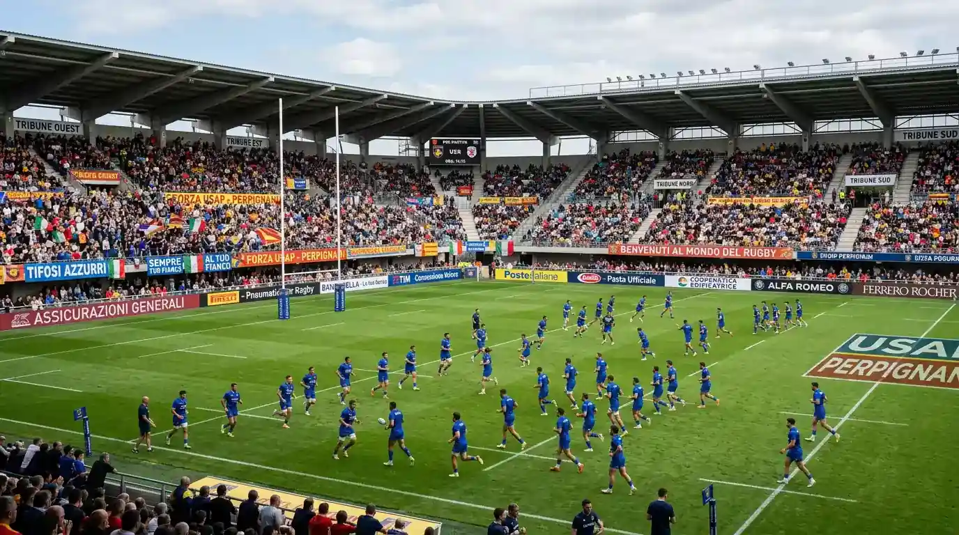 Stadio francese durante una partita di Top 14 rugby con squadre in campo