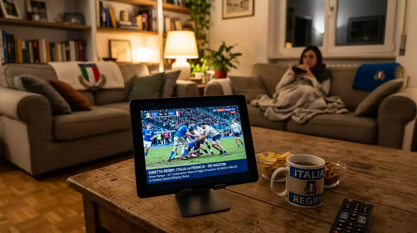Schermo con streaming live di una partita di rugby per scommesse in-play